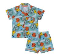 Pokémon, Pikachu, Squirtle, Bulbasaur, Charmander, 100% Cotton Button Up Short Sleeved Pyjama Set, Green, 7-8 Years: 128cm