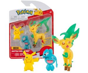 Pokemon PKW0178 3 Pack-Features 2 Pikachu, Wynaut & 3-Inch Leafeon Battle Figures-Authentic Details, Multi