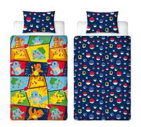 Pokemon Officially Licensed Single Kids Duvet Cover Set | Pikachu Bulbasaur Charmander Squirtle Design Reversible 2 Sided Bedding with Matching Pillowcase | Childrens Single Bed Set