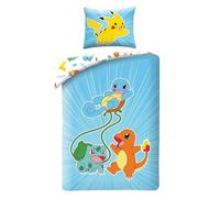 Pokemon Reversible Duvet Cover with Pikachu, Charmander, Squirrel and Bulbasarre, with Pillowcase, Bedding Set 140 x 200 cm, 65 x 65 cm