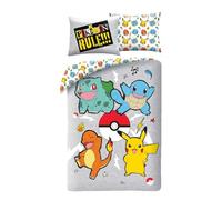Pokemon Rules Bedding Set, Duvet Cover 140 x 200 cm + Pillowcase, with Pikachu, Bulbasarre, Charmander and Squirrel
