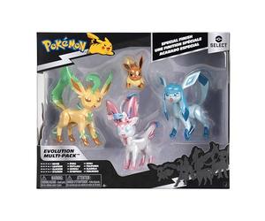Pokémon Select Evolution Pack - Eevee, Leafeon, Glaceon, Sylveon | Features 2-Inch Eevee, plus 3-Inch Leafeon, Glaceon, and Sylveon Battle Figures with Exclusive Finish