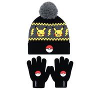 Pokemon - Winter Warm & Comfy Beanie Hat & Gloves Set for Boys - Pikachu Design - Perfect for Boys 6-12 Years - Gift Set - Black/Yellow