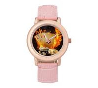 Poker Card Flames Wrist Watches for Women Men Ladies Stainless Steel Quartz Watch with PU Strap