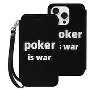 Poker Is War Leather Wallet Phone Case Compatible with iPhone 16 Series Printed Wrist Strap Flip Protective Cover