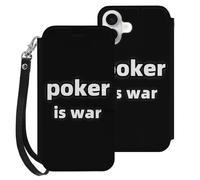Poker Is War Leather Wallet Phone Case Compatible with iPhone 16 Series Printed Wrist Strap Flip Protective Cover