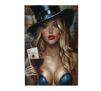 Poker & Wine Glass Blonde Woman 1000 Piece Adults Wooden Jigsaw Puzzle,Black Top Hat & Red Rose,Classic Oil Painting,Stress Relief Puzzle,Gift for Family and Friends