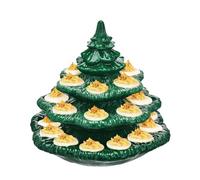 PokFhgur Reusable Holiday Deviled Egg Platter, Christmas Tree Shape Ceramic Tray, Oval Storage Container with Lid