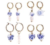 Pokinge 4 Pairs Drop Earrings, Classic Blue and White Porcelain Earrings Chinese Style Ceramic Dangle Earrings Retro Ancient Jewelry Accessories(4 Pcs)