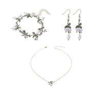 Pokinge Flower Jewelry Set of 3 Pcs, Temperament Drop Earrings Elegant Clavicle Chain Choker Korean Style Flower Bracelet Sweet Jewelry Accessories(Set)