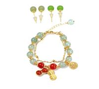 Pokinge Green Jade Bead Earrings Bracelet Set 1pc Green Jade Bracelet 2 Pairs Jade Bead Ear Studs Chinese Jewelry Gift For Girlfriend Mother Grandma