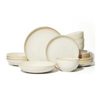 Pokini 16 Piece Double Bowl Dinnerware Sets with Pasta Bowls, Highly Chip and Crack Resistant Plates and Bowls Sets, Natural Earthyware Ceramic Dishware Sets, Service for 4 Yellow White