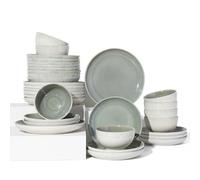 Pokini 32 Piece Double Bowl Dinnerware Sets with Pasta Bowls, Highly Chip and Crack Resistant Plates and Bowls Sets, Natural Earthyware Ceramic Dishware Sets, Service for 8 Gradient Green