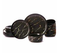 Pokini Black Gold Splash Dinnerware Sets, Marble Porcelain Plates and Bowls Sets, Modern Luxury Dish Set for 4, 12 Pieces Fine China Plates Set for Formal Dinners and Anniversaries