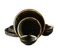 Pokini - Black luxury plates and bowls set, 12 piece porcelain dinnerware set for 4, modern dinner plate set, gold rim plate set for wedding anniversary
