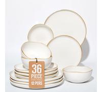 Pokini Extra Large Dinnerware Set for 12, 36 Pieces Ceramic Plates and Bowls Set, Kitchen Dish Set, Microwave & Dishwasher Safe Dishware, Ocean-Inspired Stoneware for Big Gatherings, White