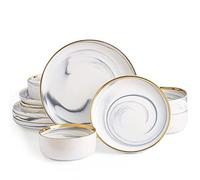 Pokini Marble Gold Rim Dinnerware Sets, Porcelain Plates and Bowls Sets, Modern Luxury Dish Set for 4, White Grey China Dinner Set for Special Occasions, Hand Wash Quickly