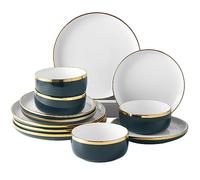 Pokini Porcelain Dinnerware Sets, 12 Piece Luxury China Plates and Bowls Sets, Green Dishes Set Gold Rim for Wedding Anniversary Birthday, Modern Dinner Plates Set