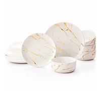 Pokini White Gold Splash Dinnerware Sets, 12 Pieces Fine China Marble Plates and Bowls Sets, Modern Porcelain Dish Set for 4, Luxury Dinner Set for Formal Dinners and Weddings