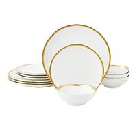 Pokini White Porcelain Dinnerware Sets, 12 Piece Service for 4, Modern Dinner Plates Set, Gold Rim Dish Set for Wedding Anniversary Birthday, No Microwave & No Dishwasher Safe