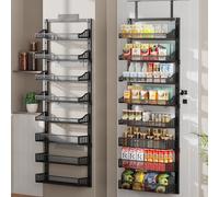 POKIPO 8-Tier Over the Door Pantry Organizer, Large Metal Door Spice Rack with Adjustable Basket, 2 in 1 Wall Mount or Hanging Heavy-Duty Pantry Door Storage Shelf for Kitchen and Bathroom, Black