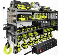POKIPO Large Power Tool Organizer Wall Mount with Charging Station,4 Layer Heavy Duty Metal Tool Storage Rack Loads 600lbs with 8 Cordless Drill Holder,Battery Utility Rack Loads with 4 Power Strip