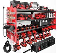 POKIPO Large Power Tool Organizer Wall Mount with Charging Station,4 Layer Heavy Duty Metal Tool Storage Shelf Loads 600lbs,Battery Utility Rack With 4 Outlet Power Strip with 8 Cordless Drill Holder