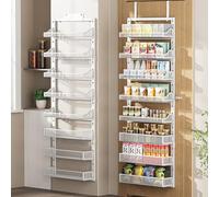 POKIPO Over the Door Pantry Organizer 8-Tier, Large Metal Door Spice Rack with Adjustable Basket, 2 in 1 Wall Mount or Hanging Heavy-Duty Pantry Door Storage Shelf for Kitchen and Bathroom, White