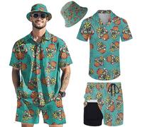 POKM Hawaiian MenS 2 Piece Outfits Rave Duck Shirts Shorts Outfits Tropical Set with Hat, A Rave Pineapple, Medium