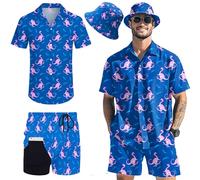 POKM Hawaiian MenS 2 Piece Outfits Rave Duck Shirts Shorts Outfits Tropical Set with Hat, Skateboard Dinosaur + Bucket Hat, Large