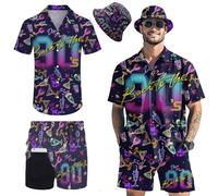 POKM Men's 2 piece 80s 90s rave outfits for Men Hawaiian Shirts with a Bucket Hat, 90s Theme Party With Hat, Medium