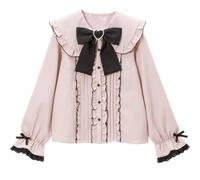 Pokn Jirai Kei Lolita Fashion Cutecore Clothes Kawaii Clothing Blouse Goth Shirt Women Lace Mesh Sheer Long Sleeve Blouse, Black-pink-2, Medium