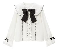Pokn Jirai Kei Lolita Fashion Cutecore Clothes Kawaii Clothing Blouse Goth Shirt Women Lace Mesh Sheer Long Sleeve Blouse, White-2, S