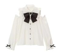 Pokn Jirai Kei Lolita Fashion Cutecore Clothes Kawaii Clothing Blouse Goth Shirt Women Lace Mesh Sheer Long Sleeve Blouse, White, Large