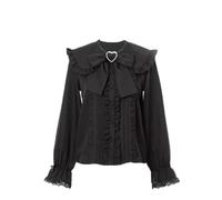 Pokn Jirai Kei Lolita Fashion Cutecore Clothes Kawaii Clothing Blouse Goth Shirt Women Lace Mesh Sheer Long Sleeve Blouse, Black-2, S