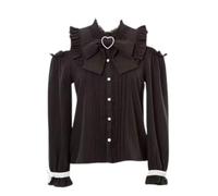 Pokn Jirai Kei Lolita Fashion Cutecore Clothes Kawaii Clothing Blouse Goth Shirt Women Lace Mesh Sheer Long Sleeve Blouse, Black, L