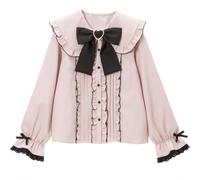 Pokn Jirai Kei Lolita Fashion Cutecore Clothes Kawaii Clothing Blouse Goth Shirt Women Lace Mesh Sheer Long Sleeve Blouse, Pink, M