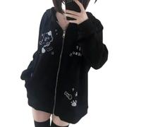 Pokn Kawaii Zip Up Hoodie Women Cute Shoujo Clothes Cutecore Cartoon Print Zipper Hooded Coat Loose Sweatshirt, Black, S