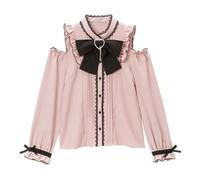 Pokn Lolita Fashion Jirai Kei Fashion for Women Cutecore Shoulder Shirt Women Lolita Lace Mesh Sheer Long Sleeve Blouse, Black-pink, S