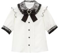 Pokn Lolita Fashion Jirai Kei Fashion Women Lolita Blouse Lace Short Puff Sleeve Shirt Gothic Kawaii Ruffle Top with Bow, White, L
