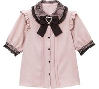 Pokn Lolita Fashion Jirai Kei Fashion Women Lolita Blouse Lace Short Puff Sleeve Shirt Gothic Kawaii Ruffle Top with Bow, Pink, L