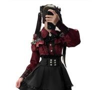 Pokn Lolita Shirts Jirai Kei Fashion Kawaii Clothing Goth Shirts Women Lace Mesh Sheer Long Sleeve Blouse, Red, XL