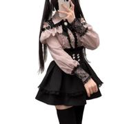 Pokn Lolita Shirts Jirai Kei Fashion Kawaii Clothing Goth Shirts Women Lace Mesh Sheer Long Sleeve Blouse, Pink, M