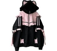Pokn Tenshii Kawaii Hoodies Jirai Kei Fashion Cute Cat Ears Clothes Oversized Zip Up Hoodie Gothic Top, Pink, L