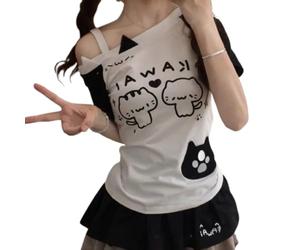 Pokn Y2K Tenshii Kawaii Off Shoulder Shirt Clothes Women Long Sleeves Tops Graphic Tee Cutecore