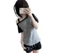 Pokn Y2K Tenshii Kawaii Off Shoulder Shirt Clothes Women Long Sleeves Tops Graphic Tee Cutecore, Grey, M