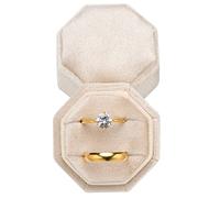 POKOFO Premium Velvet Ring Bearer Box for Proposal Engagement Wedding Ceremony - Equilateral Octagon Vintage Double Ring Display Holder with Detachable Lid (Beige)