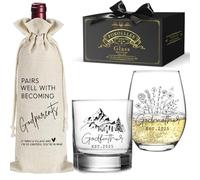 Pokolllee EST 2025 First Time Godfather Godmother Gifts for New Godparents, Godparents Proposal Gift, Pregnancy Announcement Wine Bag, 2025 Novelty Baptism Wine Glass Gifts for Godparents