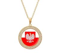 Poland Flag with White Royal Ea-gles Fashion Diamond Round Pendant Necklace Multicolored Necklaces Gift for Wife Mother Girlfriend