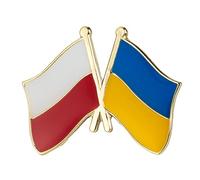 Poland Polish & Ukraine National Friendship Flag Metal Enamel Lapel Pin Badge - 2.4 x 1.9 cm Crossed Red-White and Blue-Yellow Flags - Hard Enamel Finish